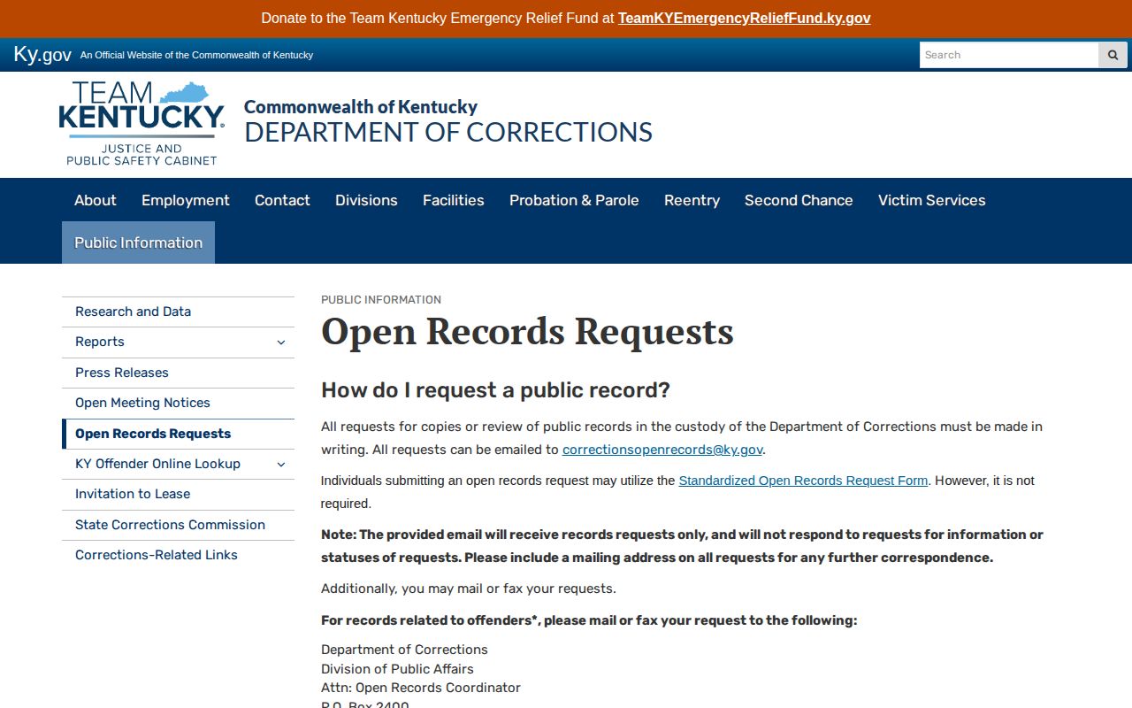 Kentucky DOC open records request page for offender and release records