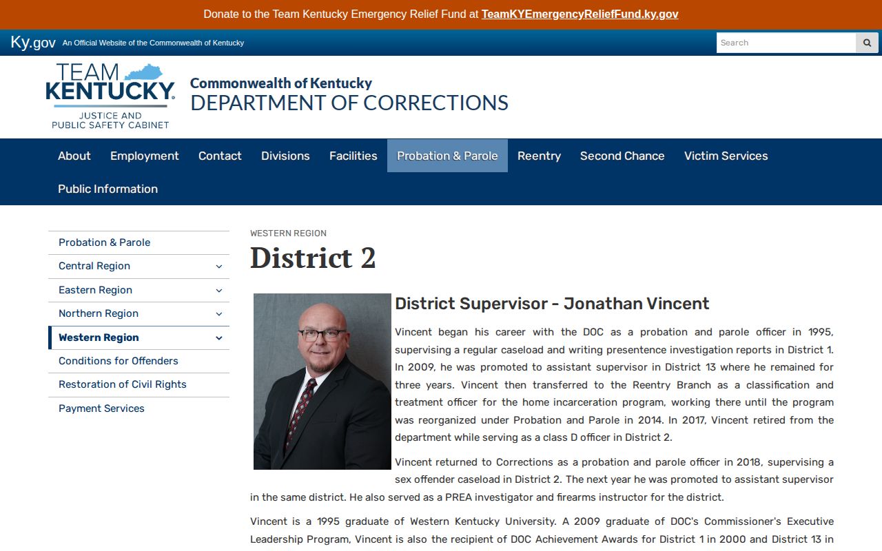 Kentucky DOC Probation and Parole District 2 office page