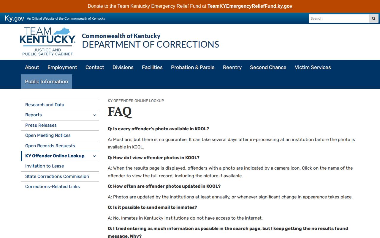Kentucky DOC KOOL search guidance and former offender record information